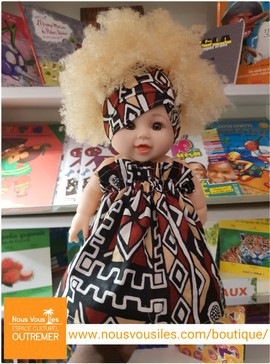 Black doll (albino) Abby Colibri Dolls - Bogolan dress