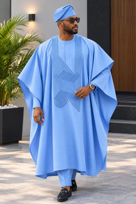 Men's Blue Agbada Set – Three Piece Embroidered Nigerian Traditional Attire with Cap