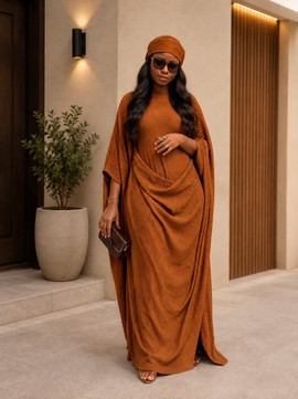 Women's Rust Brown Textured Mesh Draped Kaftan Dress with Matching Head Wrap
