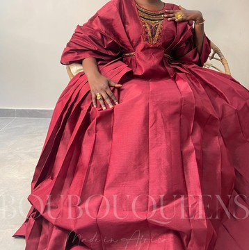 African Boubou dress for women "Idia" Bordeaux in glazed linen — With scarf