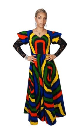 Multi Color Ankara Maxi Dress With A Black Net Long Sleeves
