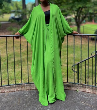 Lime Green Two Piece Oversized Crepe Maxi Cardigan Top and Wrap Skirt Set