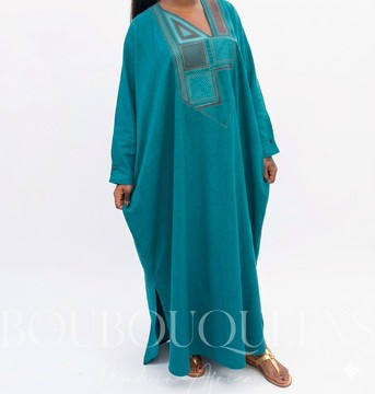 African Boubou Dress for Women "Diena" Turquoise Green in Glazed Linen — With Scarf