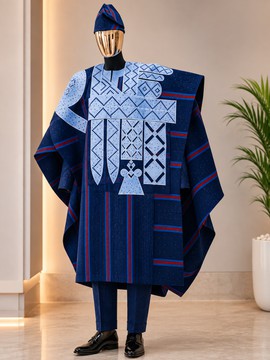 Ensemble Agbada Aso Oke rayé bleu marine pour homme – Robe traditionnelle brodée avec bonnet et pantalon