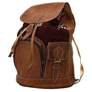 BIG SALE! Genuine Leather Backpack with Red Kilim Handmade by Cuiroma Craftsmen in Morocco