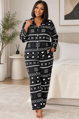 Afro Geometric Black and White Print Women's Satin Pajama Set | African Sleepwear | Bynelo