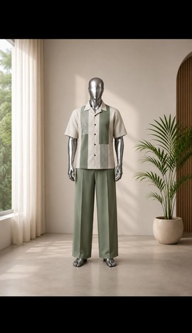 Men's Linen 2-Piece Matching Set | Sage Green &amp; Cream Colour-Block Shirt + Wide Leg Trousers