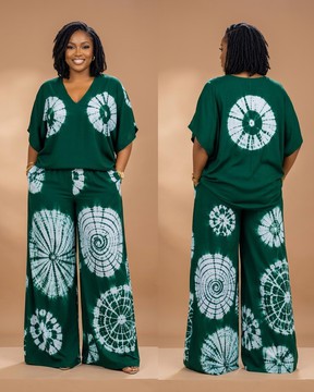 Forest Green Tie-Dye V-Neck Top and Wide-Leg Pants Set