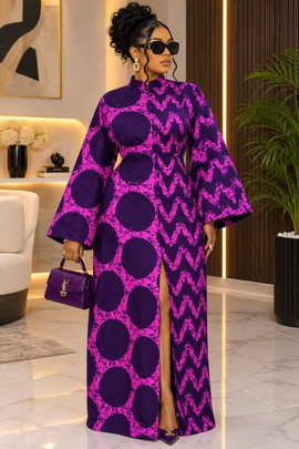 Women's Purple &amp; Magenta African Print Maxi Dress – Long Bell Sleeve Ankara Gown with Front Slit