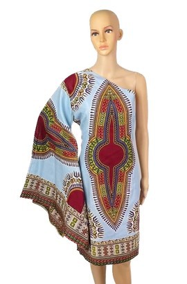 Dashiki African Print Ankara Blue Off Shoulder Asymmetrical Ruffle Statement Sleeve Midi Dress