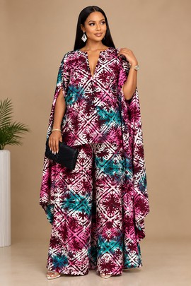 Women’s African Print Kaftan Two-Piece Set – Multicolour Cape Sleeve Top and Wide-Leg Trousers