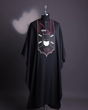 A charcoal black, “Batman VS Gotham” embroidery details agbada