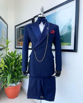 A navy blue tiny squared metallic jacquard Bespoke reloaded “Arthur Richards” tuxedo 3 lapel suit.