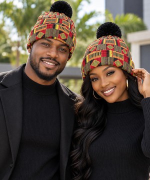 African Kente Pattern Knitted Hat With Pom-Pom | African Winter Style | Bynelo