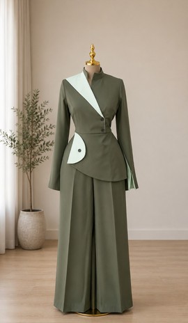 Women's Olive Green Cotton Blend Blazer &amp; Wide-Leg Trousers Set – Contrast Mint Lapel Two-Piece