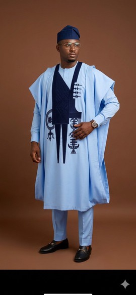 Contemporary Sky Blue and Navy Embroidered Agbada Ensemble