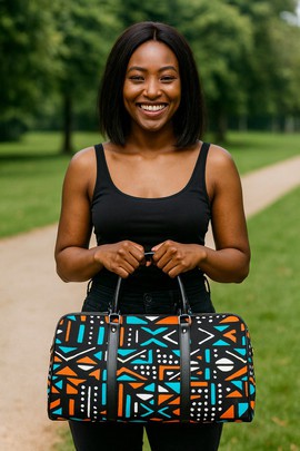 African Leather Bag for Travel Colourful Bogolan Style Print