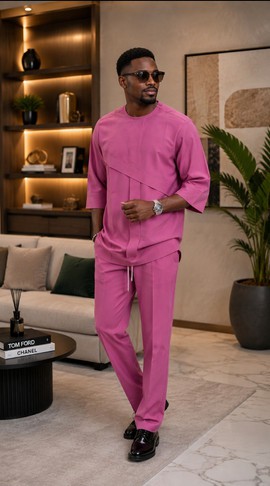 Tenue senator rose pour homme – Ensemble 2 pièces avec haut oversize et pantalon à cordon de serrage, tenue traditionnelle africaine