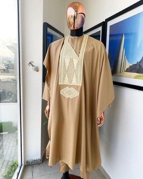 A Tortilla Brown agbada, interconnected embroidery details