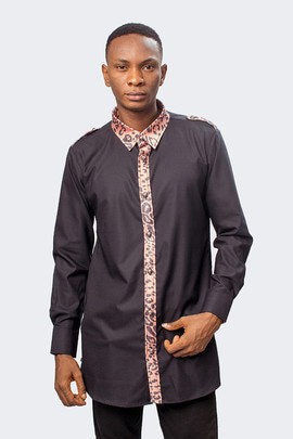 Black Cotton Shirt with Leopard Print Accents, Leopard print shirt mens