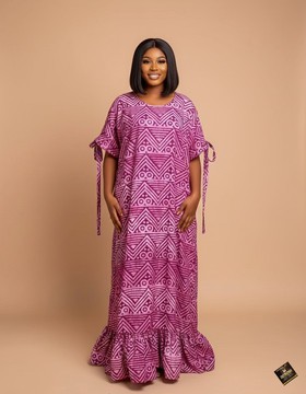 Plum Adire with Fluted Ruffle Hem Maxi Gown