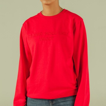 Sweat-shirt Loose Fit Rouge Unisexe affirmations "You Look Great Today" à Col Rond Et Détails En Wax