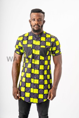 Green Ankara Shirt with Patch Pockets, African Men Clothing, African Mens Wear, Ankara Shirt