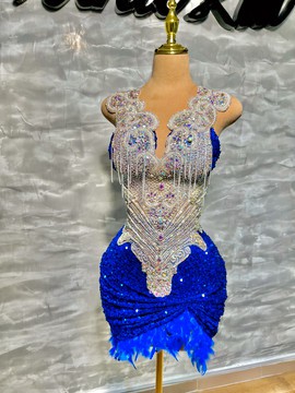 Luxury short dress,short prom dress,luxury blue dress,short birthday dress,short blue feathers dress