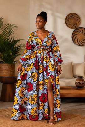 Robe fleurs de mariage. Longue en wax – Élégance &amp; Féminité