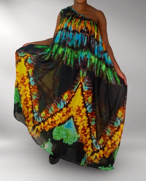 Off Shoulder Black Multicolor Sheer Chiffon Flowy Maxi Dress
