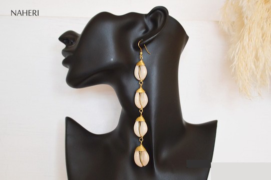African cowrie shell and brass earrings long