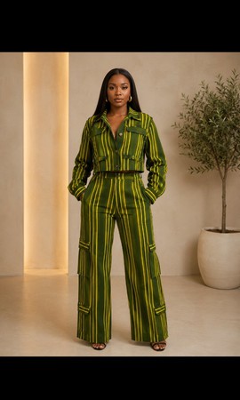 Women's Green &amp; Yellow Striped Aso Oke Two-Piece Set – Handwoven  Cropped Jacket &amp; Cargo Pants