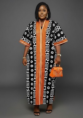 Robe longue élégante noire et blanche avec de grandes touches orange
