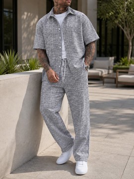 Men's 2 Piece Textured Tweed Set – Short Sleeve Button Up Shirt &amp; Drawstring Pants Matching Outfit
