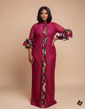 The Magenta Cord Lace &amp; Ankara Fusion Maxi Gown