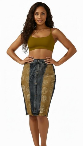 Denim Mudcloth Skirt Midi with Jeans Strips
