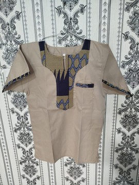 Men’s Beige Cotton Shirt with African Print Panel – Ankara Detail Casual Short Sleeve Top