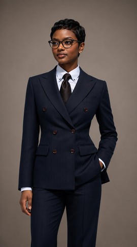 Women's Navy Pinstripe Double-Breasted Suit Set with Shirt &amp; Tie with matching trouser
