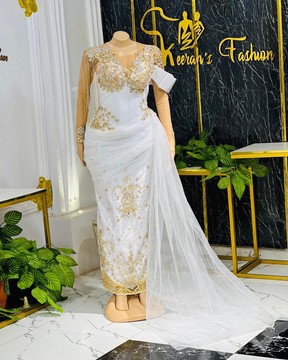 Long draped ibo wedding george dress, African women wedding dress, engagement gown