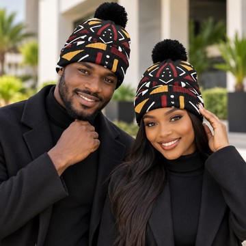 Tribal Bogolan Mudcloth Print Knitted Hat With Pom-Pom | Bogolan Fashion | Bynelo