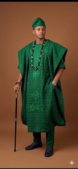 Regal Green Striped Aso Oke Agbada Ensemble