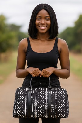 African Duffel Leather Bag for Travel Tribal Black &amp; White