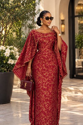 Women's Red &amp; Gold Brocade Maxi Dress – Elegant Cape Sleeve Gown with Gold Bead Trim