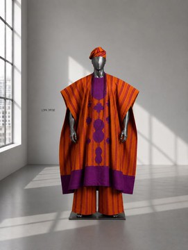 « Ensemble Agbada Aso Oke orange et violet pour homme – Robe à imprimé audacieux avec pantalon et bonnet