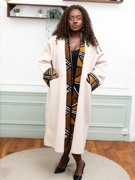 KIMANTO - Beige Kimono-Style Coat in Brown Bogolan