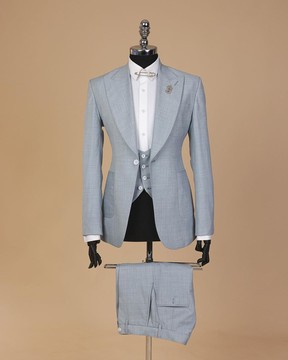 An Irish Maya blue, knitted peak lapel, patch pocket suit, waist coat &amp; pant Trosuer