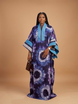 Robe caftan africaine pour femme, bleu et violet, tie-dye