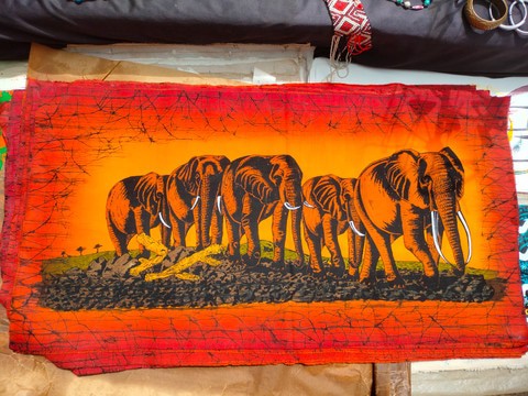 Elephants in candle wax batik, Handmade Wall Hanging with wild animals,  African savanna wall art