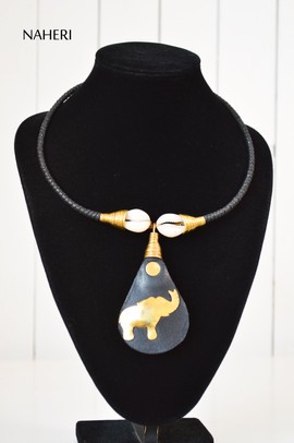 African necklace elephant handmade cowrie shells brass and leather tribal pendant jewelry