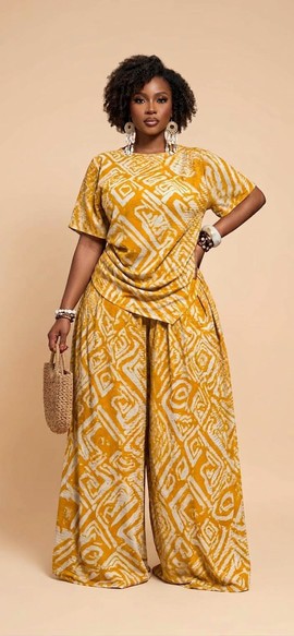 Mustard Yellow Adire Print Two-Piece Matching Set with Wide-Leg Palazzo Pants and Twisted-Front Top
